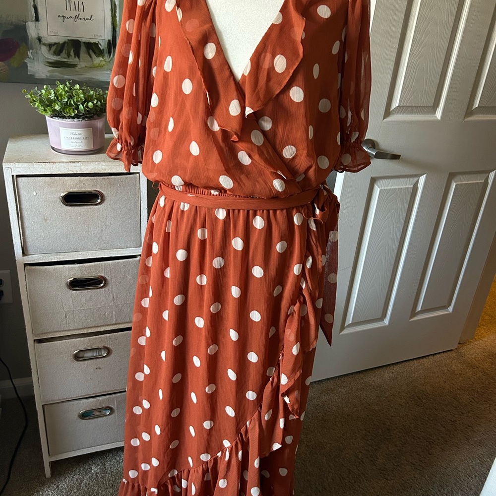 LC Lauren Conrad Brown and Orange Ruffled Wrap Sundress